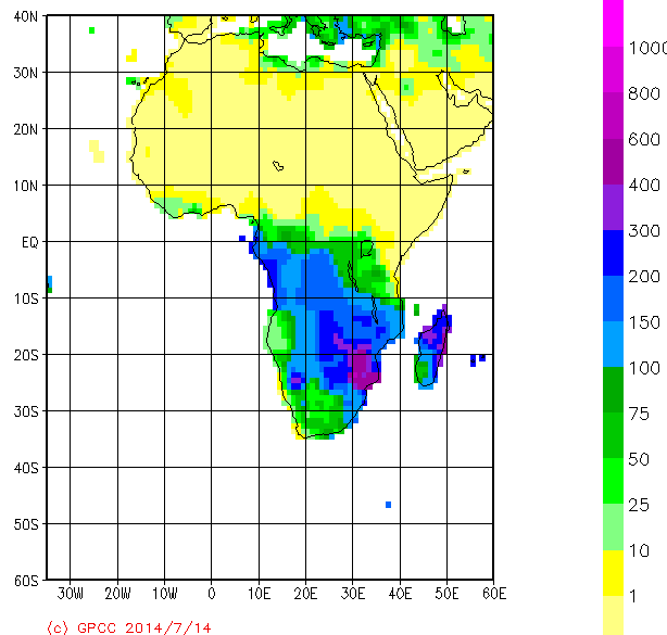 Niederschlag �ber Afrika im Februar 2000