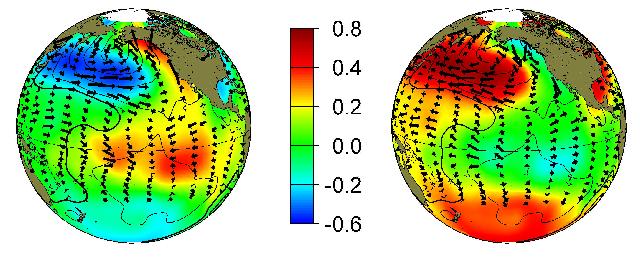 Typische Abweichungsmuster von Winter-SST (Farben), Luftdruck auf NN (Konturen) und Oberfl�chen-Winden (Pfeile) w�hrend Warmphasen und Kaltphasen der PDO - links Warmphase, rechts Kaltphase