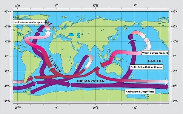 Schematische Darstellung der Pfade der globalen thermohalinen Zirkulation