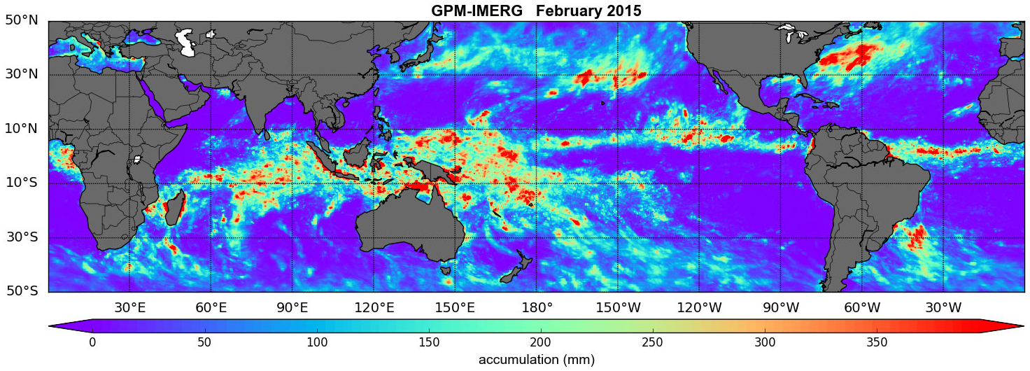 Summierte Niederschläge der Monate Februar 2015 und 2016 über dem Meer - Februar 2015