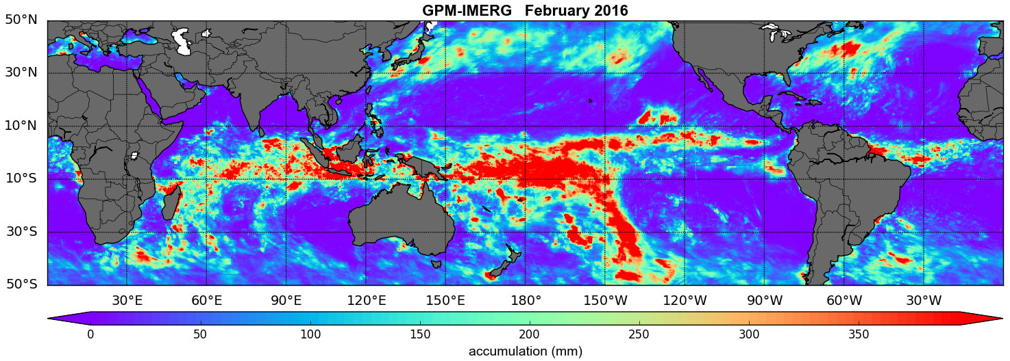 Summierte Niederschläge der Monate Februar 2015 und 2016 über dem Meer - Februar 2016