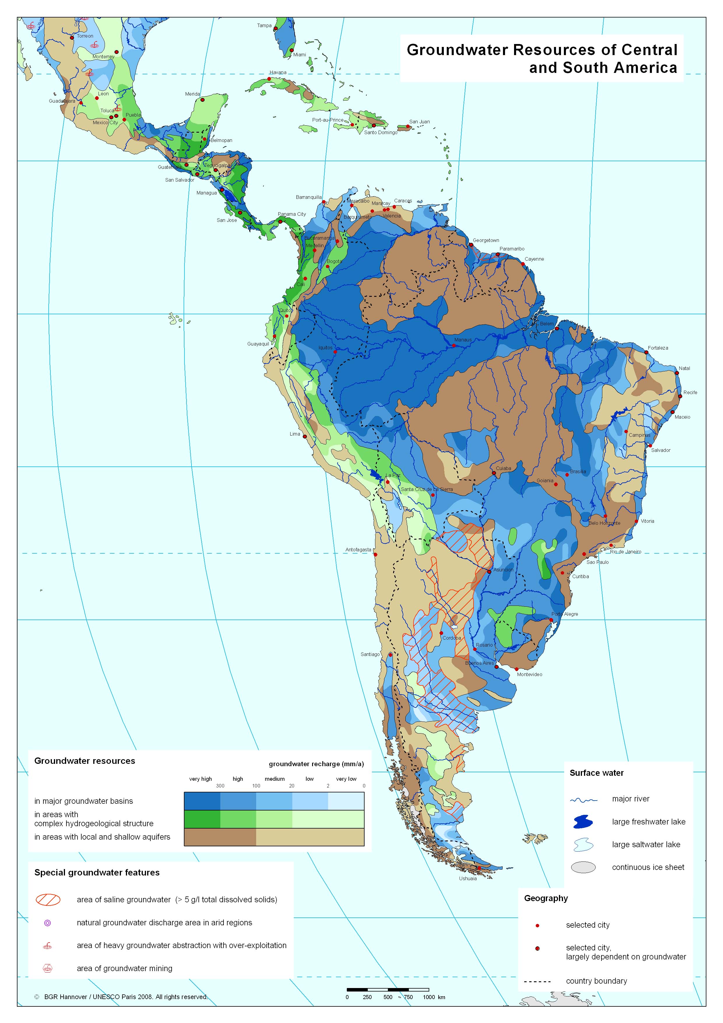 Karte mit den Grundwasserressourcen Mittel- und Südamerikas