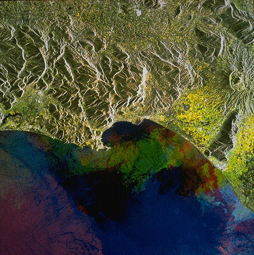 Multitemporales ERS-1/ERS-2 Bild des Golf von Gaeta (Italien): Gut zu erkennen ist in der Bildmitte der Vesuv und Neapel