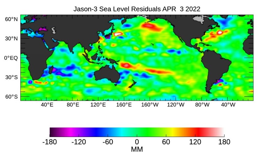 Anomalien der Meeresspiegelhöhen am 3. April 2022 in Millimeter