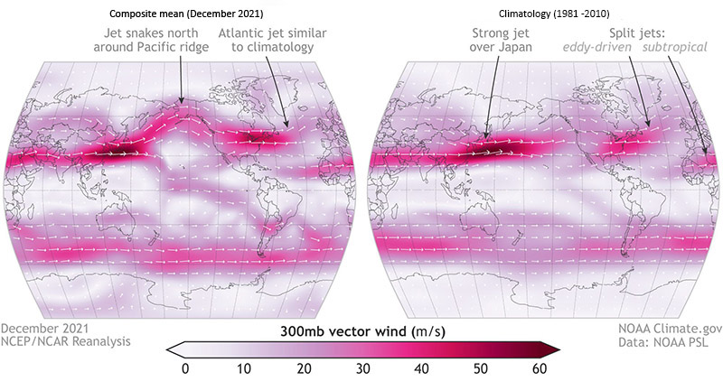 Struktur der Jetstreams der nördlichen Hemisphäre im Dezember 2021 im Vergleich zur Klimatologie (Durchschnitt von 1981-2010)