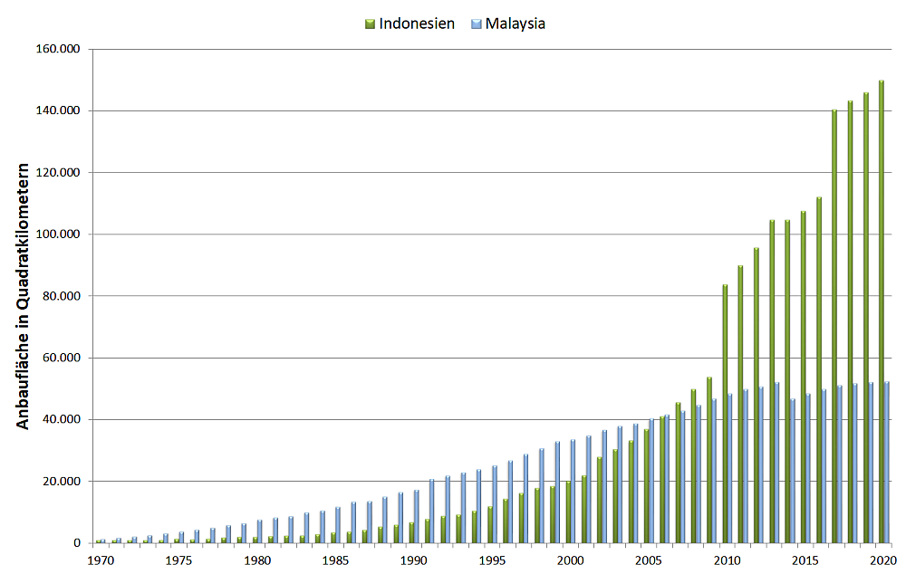 Anbaufläche für Ölpalmen in Indonesien und Malaysia zwischen 1970 und 2020