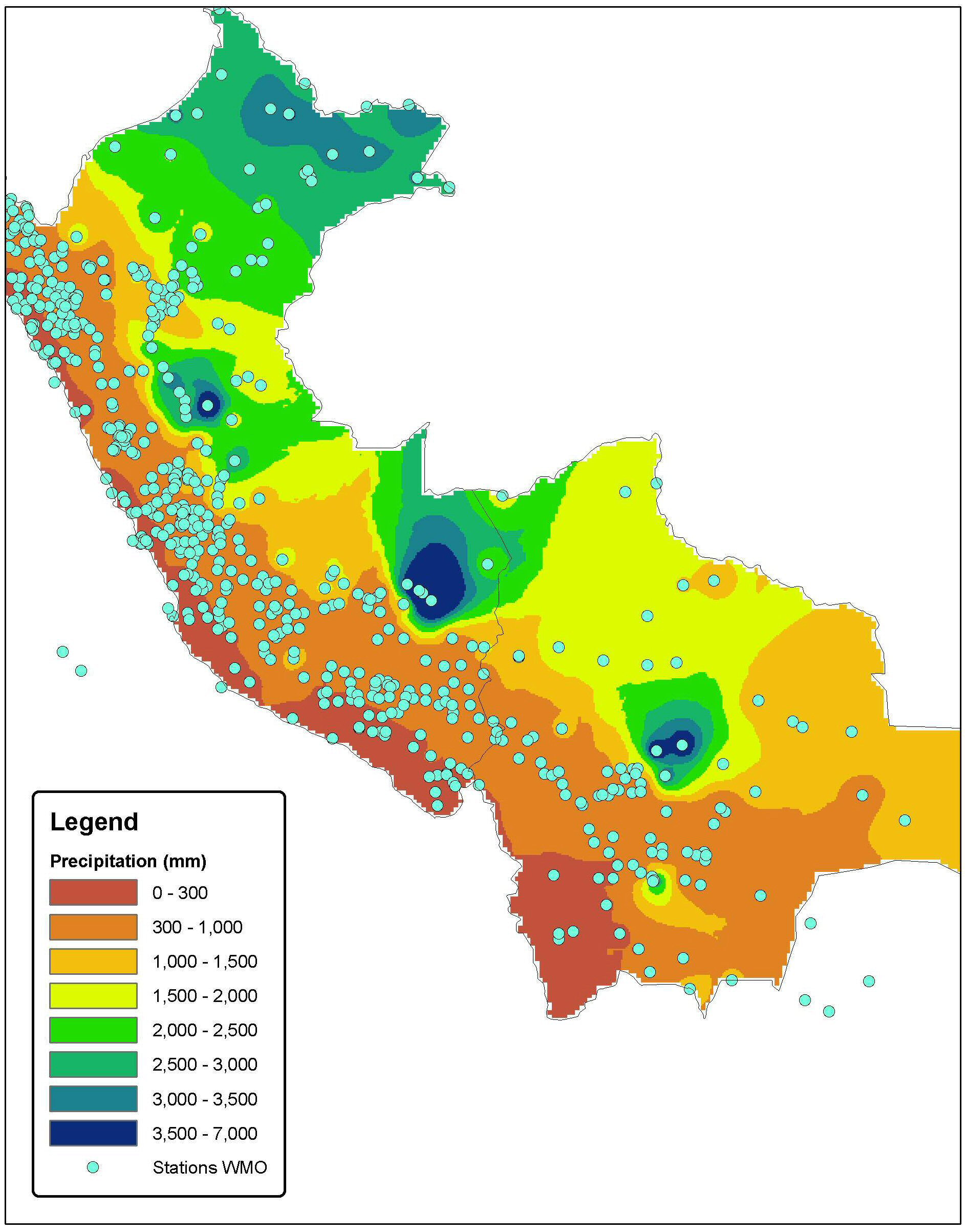 Karte der Niederschlagsmengen in Bolivien und Peru
