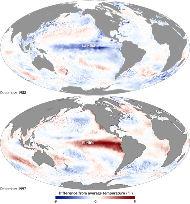 Anomalien der Meeresoberflächentemperaturen im Pazifischen Ozean während einer starken La Niña